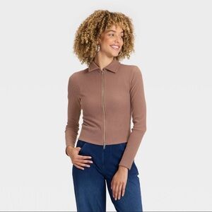 Women's Long Sleeve Brushed Ribbed Polo Zip-Up Jacket - A New Day™ Brown - XXL